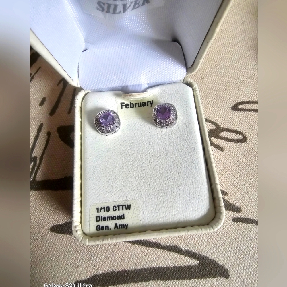 Kohl's Sterling Silver 1/10CTTW Diamond & Genuine Amethyst Earrings NWT